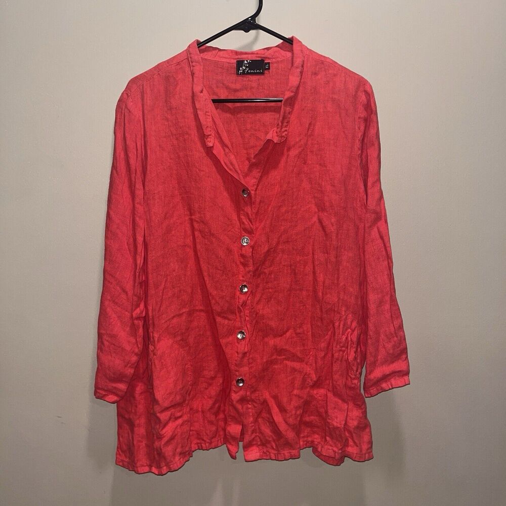 Fenini Womens Orange Linen Button Up Jacket XL Pockets Flowy Quiet Luxury Classy